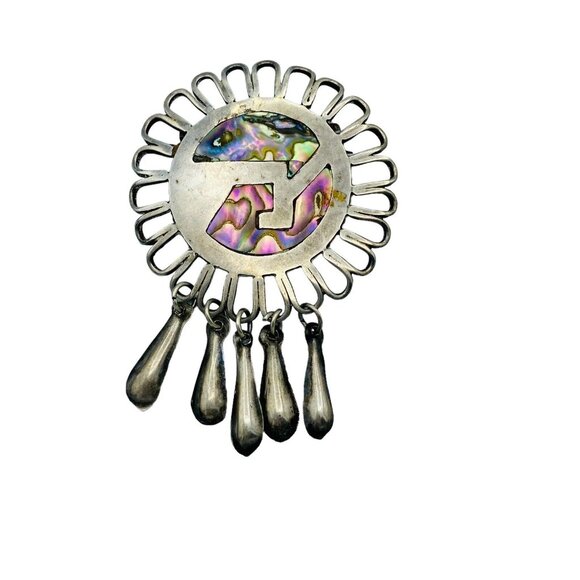 Vintage Taxco Sterling Silver Abalone Shell Inlay Brooch Ethnic Statement - Picture 2 of 8